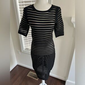 Nellie Partow SS 2015 Black ribbed sheath slip pencil midi dress 3/4 sleeve Sz M